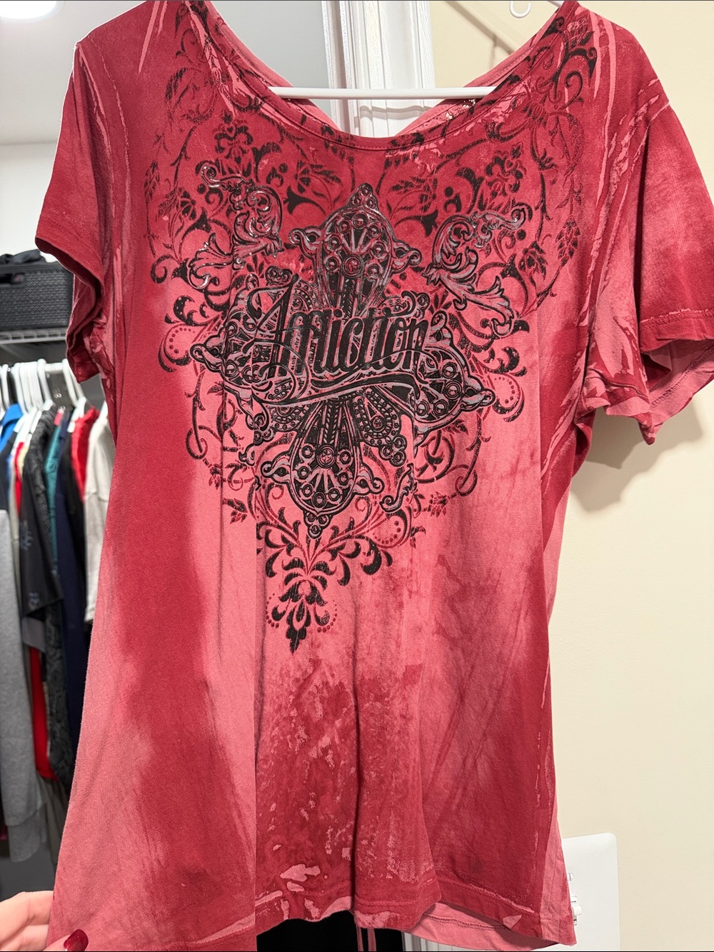 Affliction Women's Short Sleeve Graphic Tee in Deep Red with Black Print